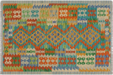 Flat Weave Kilim, Antique, Navaho, Vintage, Handmade, Geometric Kilim Gold Blue Hand-Woven Rectangle 100% Wool Area Rug 3 x 5